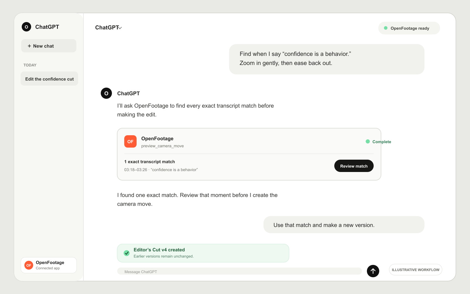 Illustrative ChatGPT conversation using OpenFootage to find an exact transcript match, review it and create Editor’s Cut version four