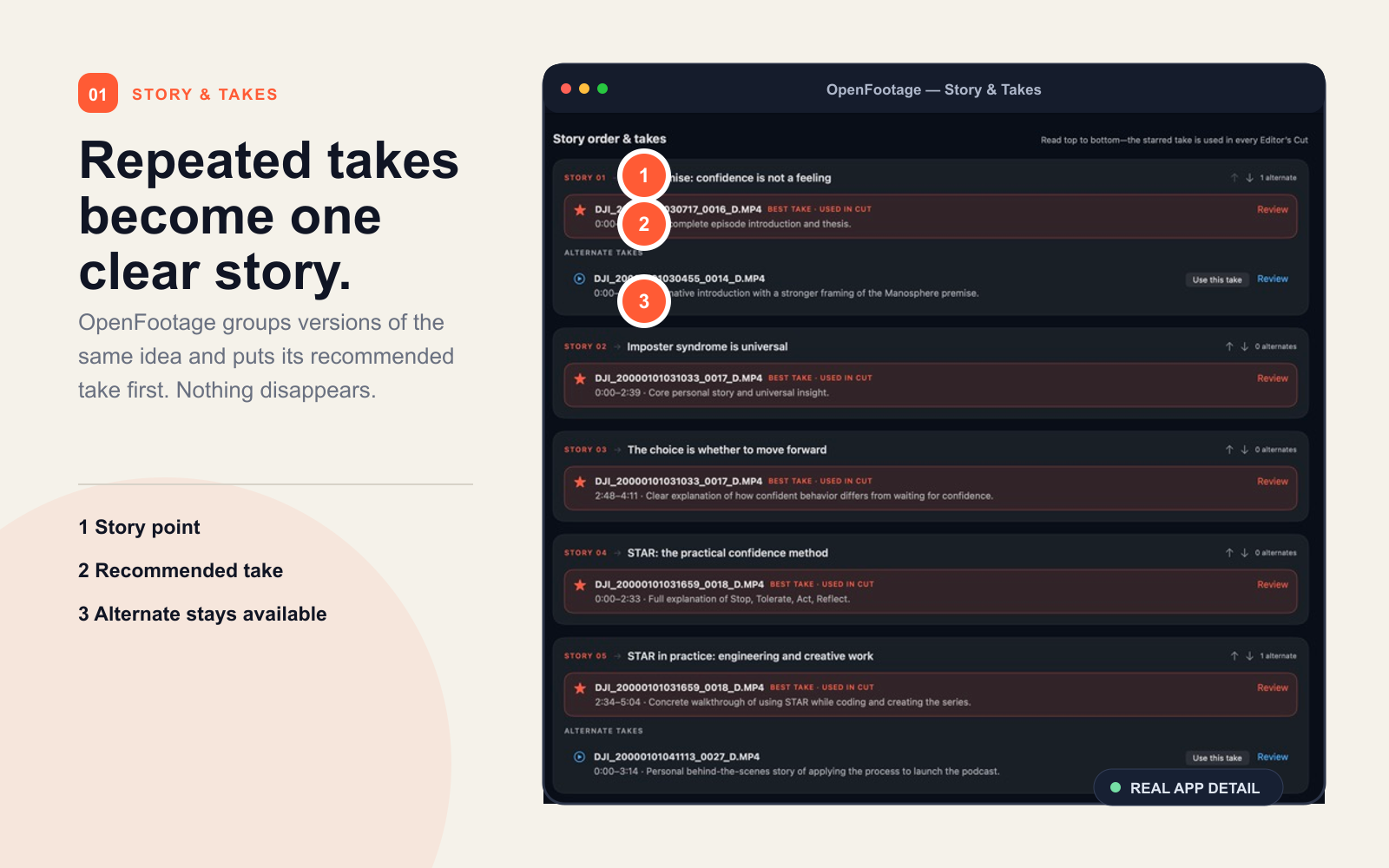 Annotated real OpenFootage Story and Takes view explaining the story point, recommended take and alternate take